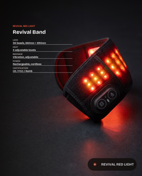 Revival Band spec sheet: 36 LEDs 660nm and 850nm, 3 heat levels, vibration, rechargeable
