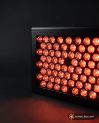 Revival Panel Blaze red light therapy panel, LED close-up detail, powered on with warm ember glow