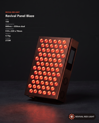 Revival Panel Blaze spec sheet: 150 LEDs, 660nm + 850nm, 518x220x78mm, 4.1kg, 272W