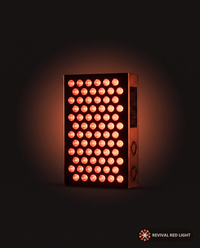 Revival Panel Ember red light therapy panel, front-facing angle, powered on with warm ember glow