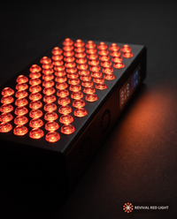 Revival Panel Ember red light therapy panel, LED close-up detail, powered on with warm ember glow