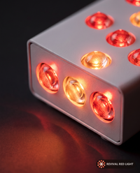 Revival Panel Flare red light therapy panel, LED close-up detail, powered on with warm ember glow