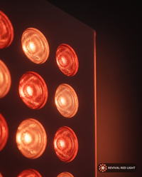 Revival Panel Glimmer red light therapy panel, LED close-up detail, powered on with warm ember glow