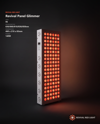 Revival Panel Glimmer spec sheet: 96 LEDs, 630/660/810/830/850nm, 460x210x65mm, 140W