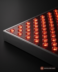 Revival Panel Glow red light therapy panel, LED close-up detail, powered on with warm ember glow