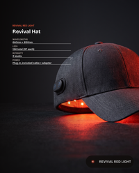 Revival Hat specs: 660nm and 850nm, 194 LEDs, 3 intensity levels