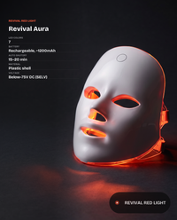 Revival Aura specs: 7 LED colors, rechargeable ~1200mAh, 15-20 min auto shutoff, plastic shell