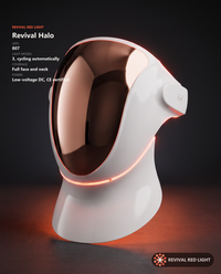 Revival Halo spec sheet: 807 LEDs, 3 light modes, full face and neck coverage, low-voltage DC CE certified