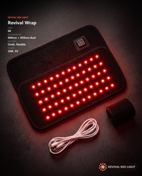 Revival Wrap spec sheet: 60 LEDs, 660nm+850nm dual, cloth material, USB 5V